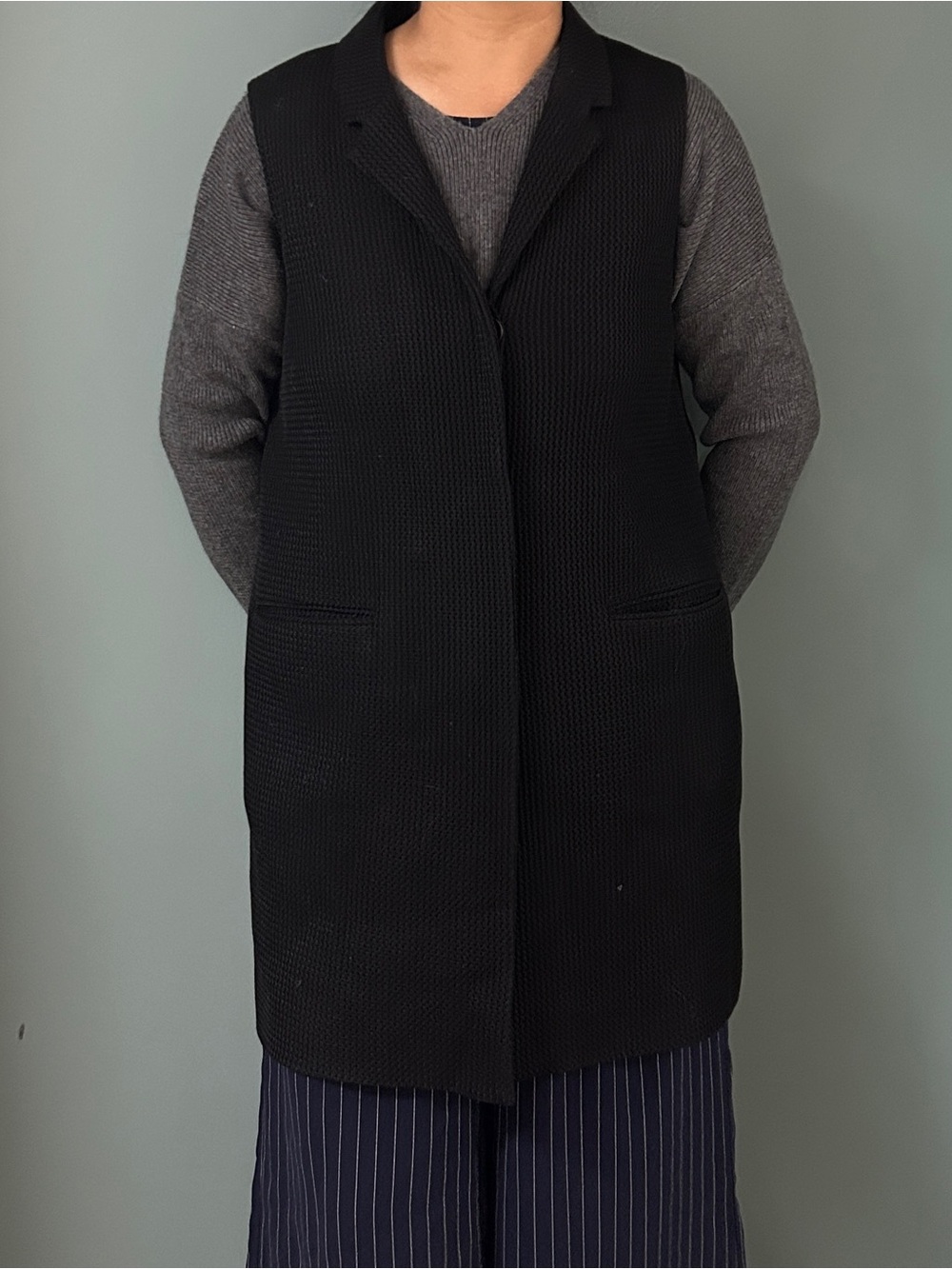 Women's Black Sleeveless Long Vest with Notch Collar